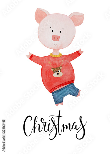 Christmas greeting card. Watercolor Pig in sweater holding Christmas card. 2019 Chinese New Year of the Pig. © natalia