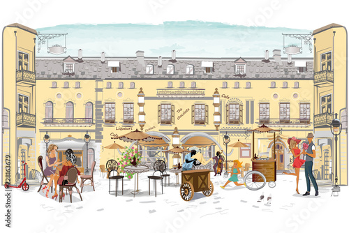 Series of the street cafes with fashion people, men and women, in the old city, vector illustration. Waiters serve the tables. 