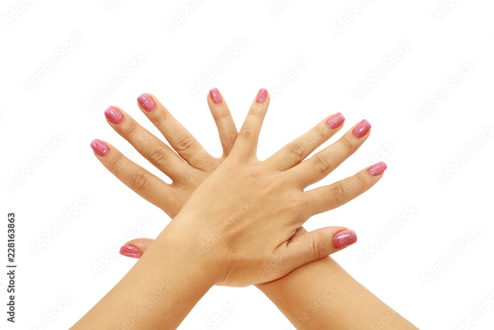 female hands with a beautiful manicure on a white background, isolated female hands with a beautiful manicure on a white background, isolated