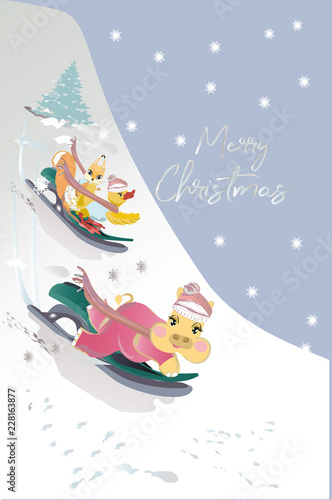 Series of vector illustrations with cute funny animals in cartoon style. Hippo with squirrel sledging in winter. Christmas card.