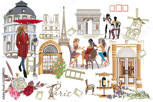 Set of Paris illustrations with fashion girls, cafes and musicians. Vector illustration.
