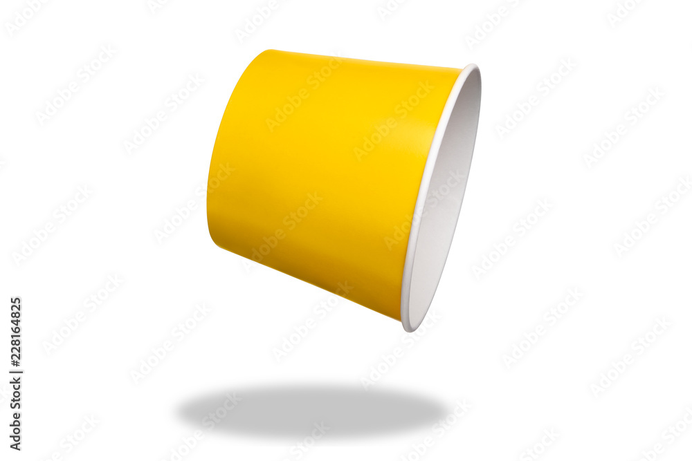 Yellow cardboard bucket is empty for chicken legs, popcorn, nuggets. Yellow cardboard bucket is empty for chicken legs, popcorn, nuggets.