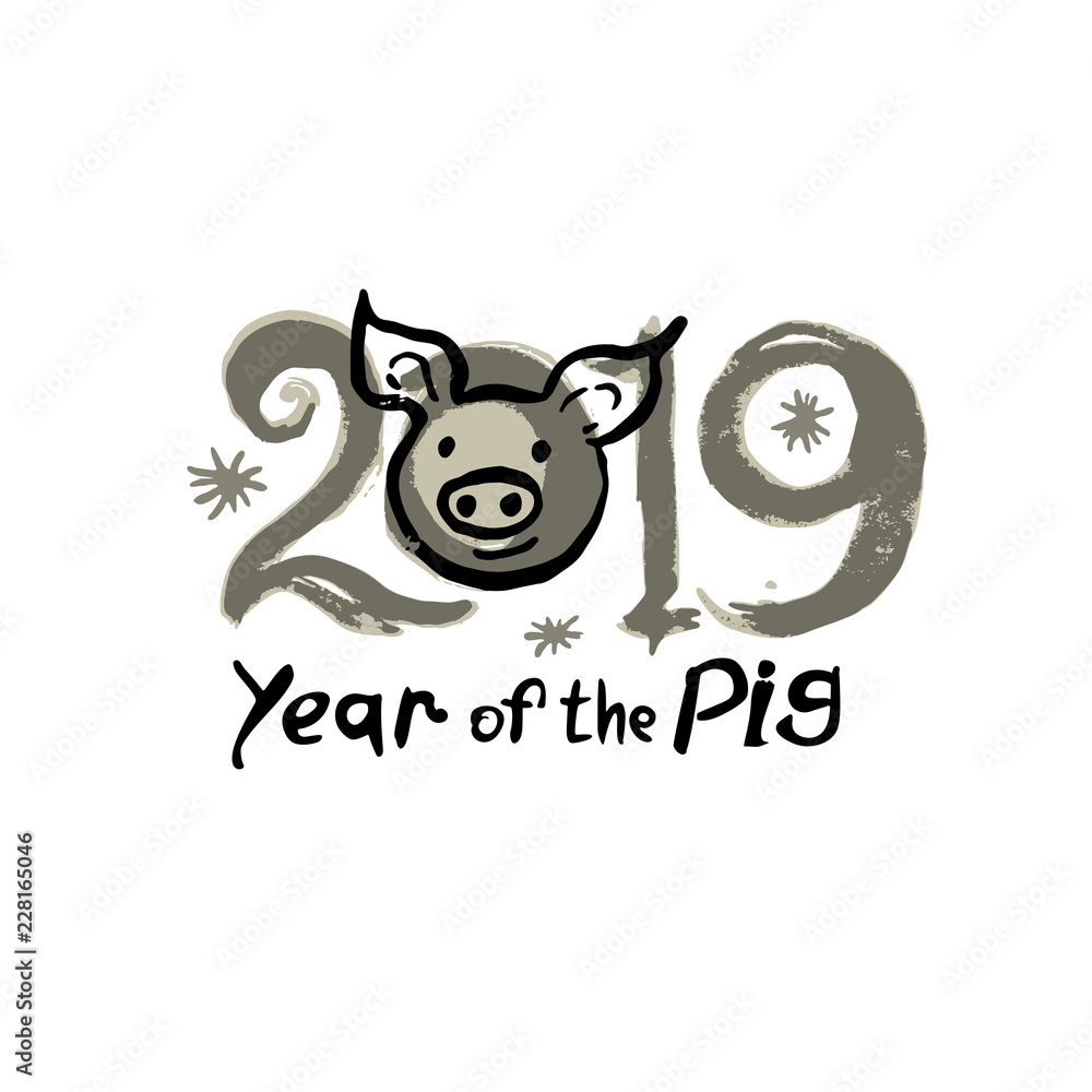 Year of the Pig 2019. Card with cute piglet head and 2019. Funny hand drawn illustration. Vector template New Year's design. Year of the Pig 2019. Card with cute piglet head and 2019. Funny hand drawn illustration. Vector template New Year's design.