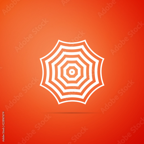 Sun protective umbrella fo beach icon isolated on orange background. Large parasol for outdoor space. Beach umbrella. Summer vacation or picnic accessory. Flat design. Vector Illustration
