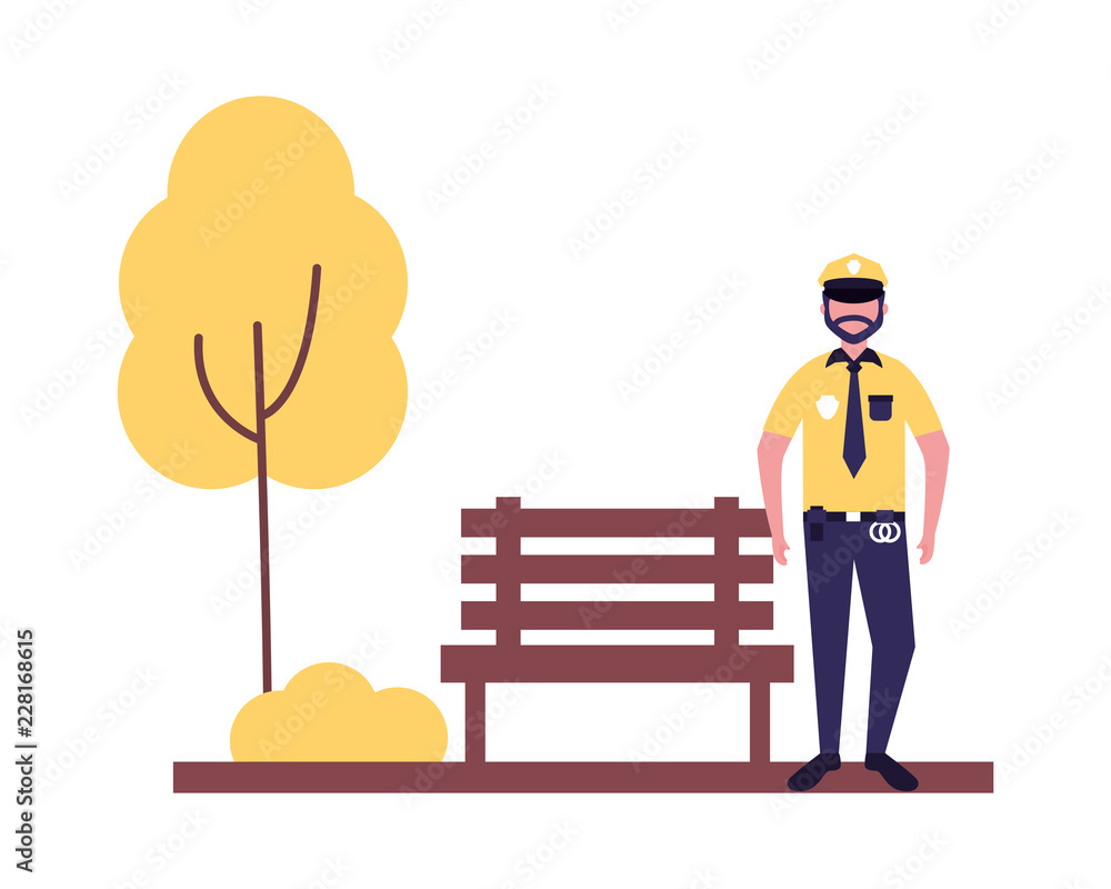 policeman with bench tree in the park policeman with bench tree in the park