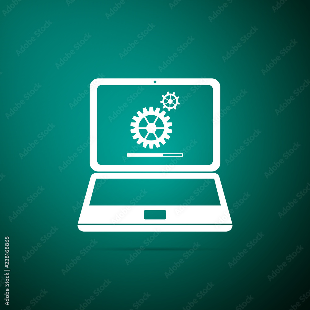 Laptop update process with gearbox progress and loading bar icon isolated on green background. System software update. Loading process in laptop screen. Flat design. Vector Illustration Laptop update process with gearbox progress and loading bar icon isolated on green background. System software update. Loading process in laptop screen. Flat design. Vector Illustration