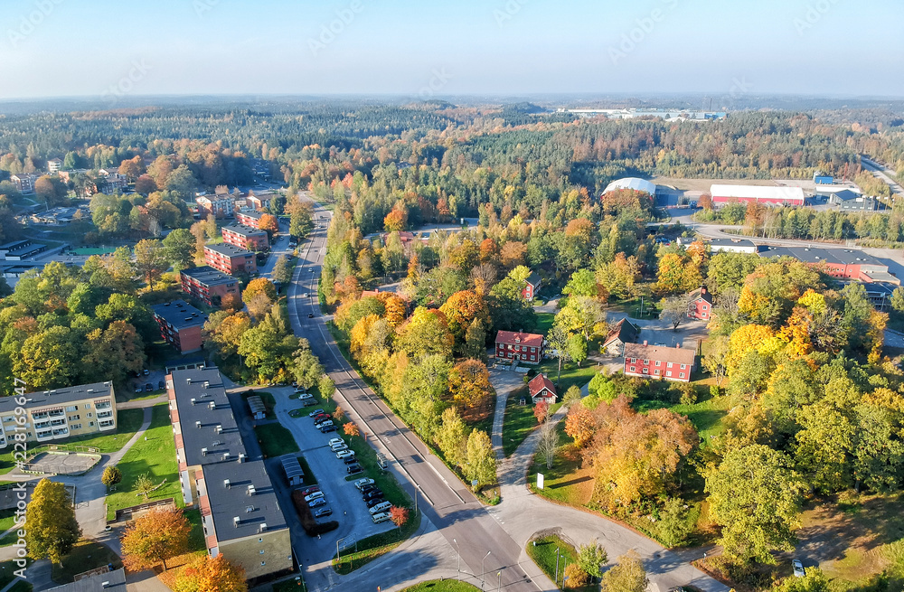 Aerial autumn view over small city in Sweden
