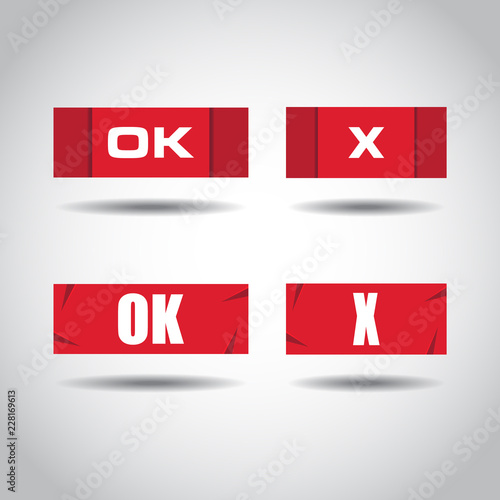OK and Cancel. Check mark stickers. Vector illustration