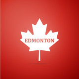 Canadian maple leaf with city name Edmonton icon isolated on red background. Flat design. Vector Illustration