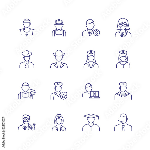 Professionals line icon set. Doctor, sportsman, policeman. Occupation concept. Can be used for topics like work, vocation, expertise