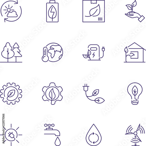 Recycling line icon set. Forest, car charge station, water resource. Ecology concept. Can be used for topics like environment protection, sustainable development, alternative fuel