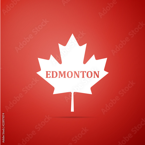 Canadian maple leaf with city name Edmonton icon isolated on red background. Flat design. Vector Illustration