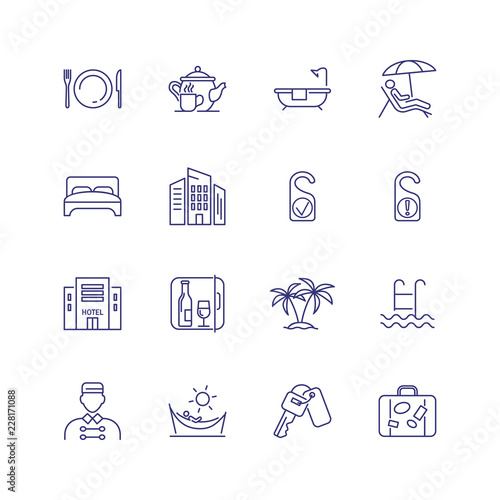 Resort line icon set. Bathroom, bedroom, beach. Tourism concept. Can be used for topics like vacation, travel, hotel service