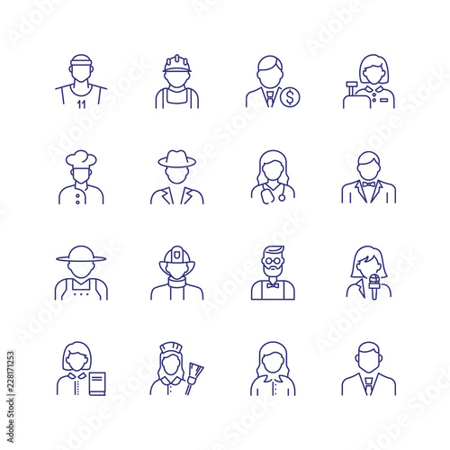 Workers line icon set. Maid, librarian, practitioner, banker, chef. Occupation concept. Can be used for topics like work, vocation, employees