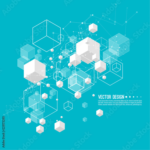 Abstract background with transparent cubes and hexagonal frames. Vector techno illustration.