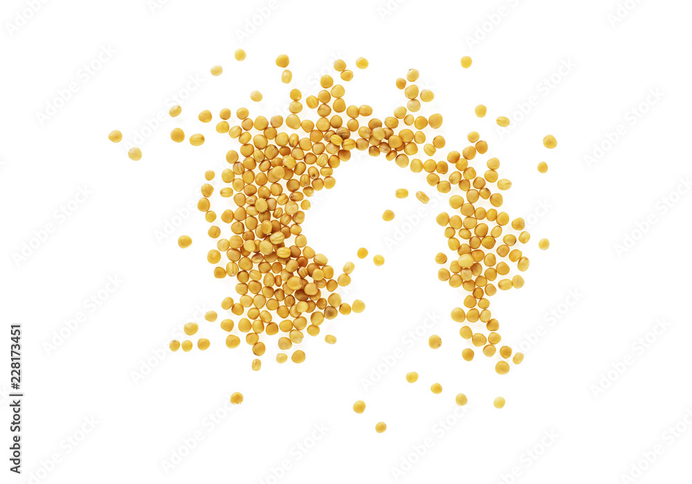 Pile of yellow mustard seeds isolated on white background. Top view. Pile of yellow mustard seeds isolated on white background. Top view.
