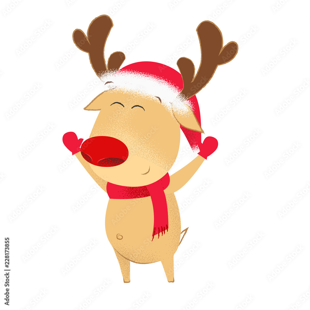 Excited cartoon deer in Santa hat and scarf waving hands. Happy, joy, fun. Miracles concept. Can be used for greeting cards, posters, leaflets and brochure Excited cartoon deer in Santa hat and scarf waving hands. Happy, joy, fun. Miracles concept. Can be used for greeting cards, posters, leaflets and brochure