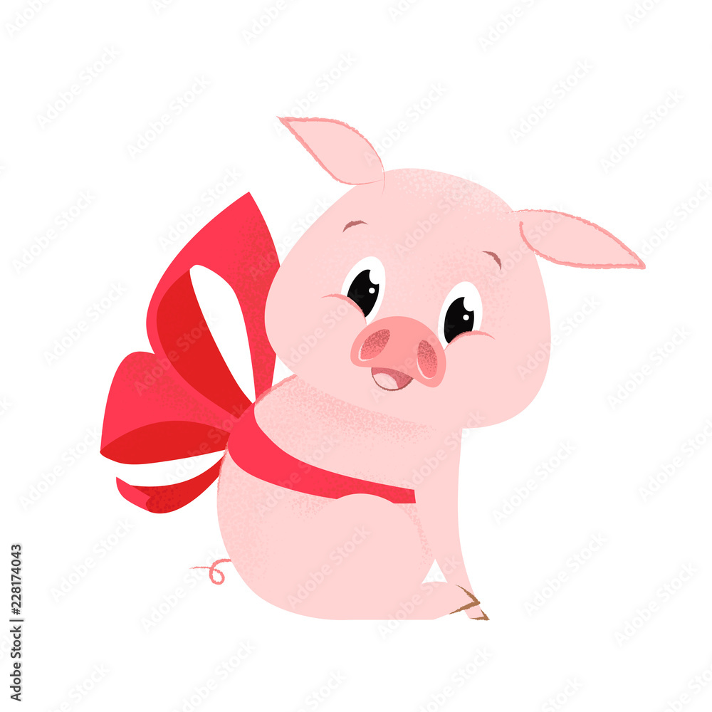 Pretty pig with bow. Ribbon, gift, animal. Symbol of new year concept. Can be used for greeting cards, posters, leaflets and brochure