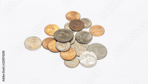 Different coins of USA isolated on the white background