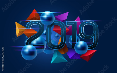 Metallic text 2019 with metal balls and colorful fragments on dark blue background. New year's greeting card. Eps10 vector.