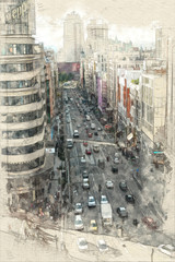 Fotobehang Aquarelschilderij wolkenkrabber  Luchtfoto van Gran Via Madrid  © FrankBoston