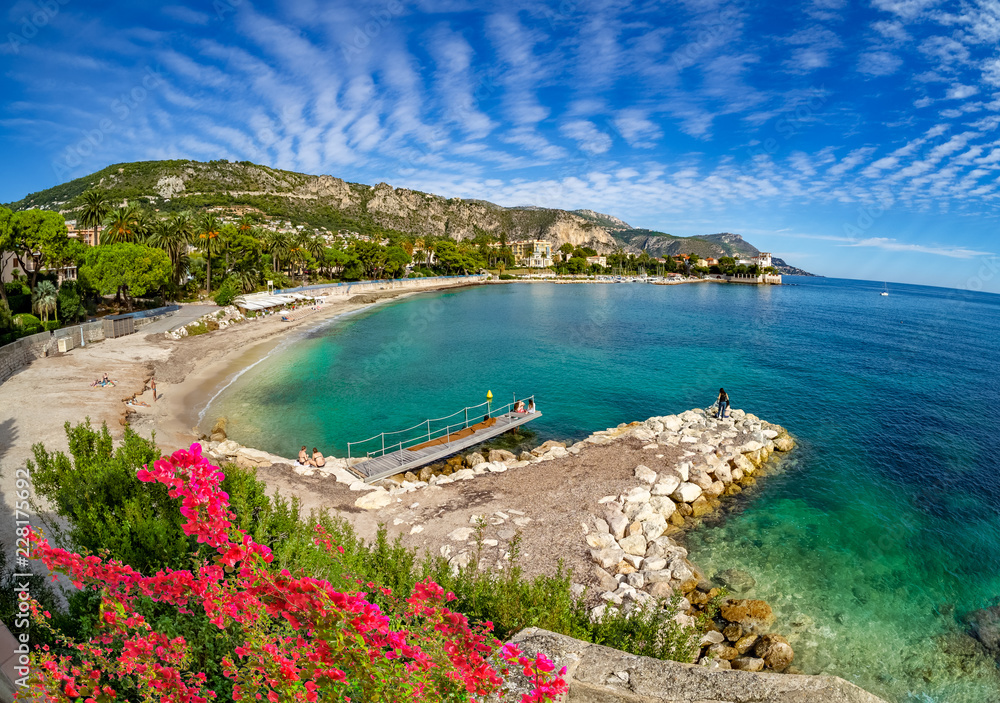 Wide panorama over Saint-Jean-Cap-Ferrat beach, on the Azur French coast in Nice