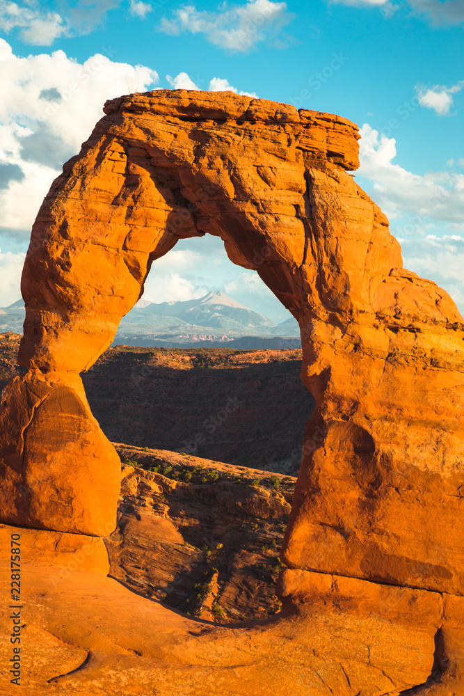 Classic view of famous Delicate Arch at sunset, Utah, USA