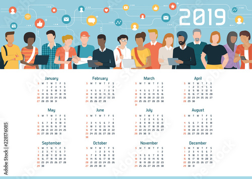 Global community connected through social media, calendar 2019