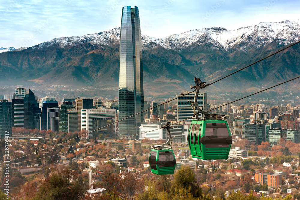 Cable car in San Cristobal hill, overlooking a panoramic view of Santiago de Chile - obrazy, fototapety, plakaty 