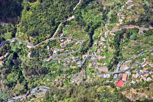 Aerial view of a road and small houses in the Nun's Valley, Madeira, Portugal