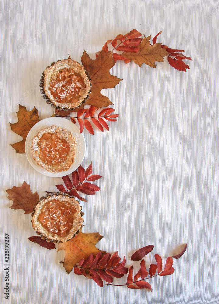 Mini apple cakes with cup of coffee. Enjoy autumn, colors. Keep memories of this autumn. Decorate leafs Mini apple cakes with cup of coffee. Enjoy autumn, colors. Keep memories of this autumn. Decorate leafs