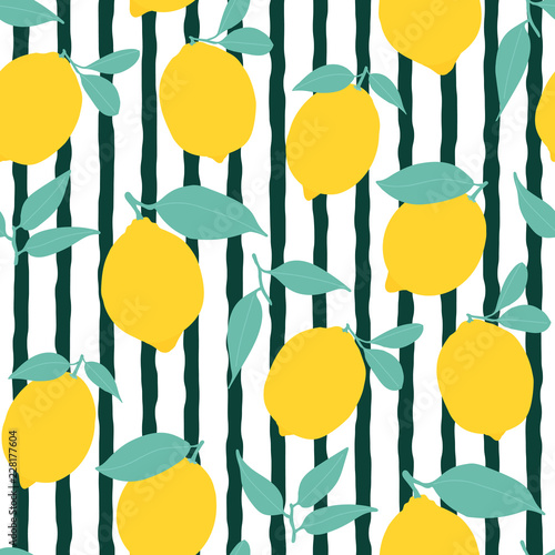 Seamless lemon pattern - citrus illustration with leaves repeating on striped background