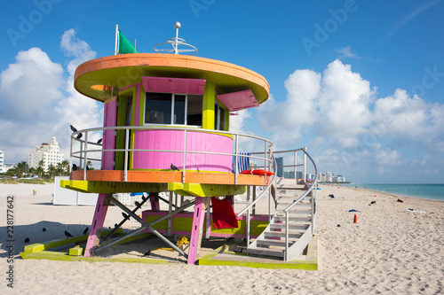 Colorufl lifeguard tower on South Beach in Miami, Florida