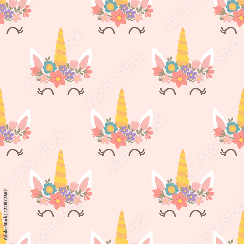 Cute unicorn seamless pattern - unicorn head with flowers - endless design