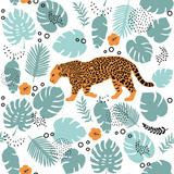 Tropical pattern - seamless pattern design with palm leaves and big wild cat - tropical plants and jaguar pattern