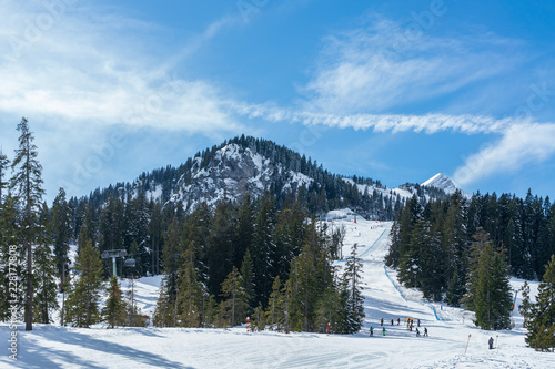  Panorama of ski resort, slope, people on the lift, skiers on the track among the pines