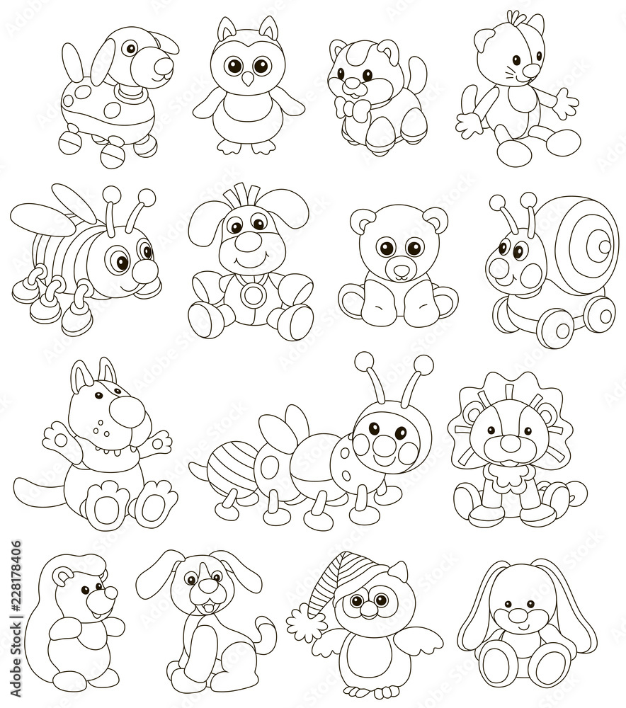 Vector collection of funny toy animals for small children, black and white vector illustrations in a cartoon style