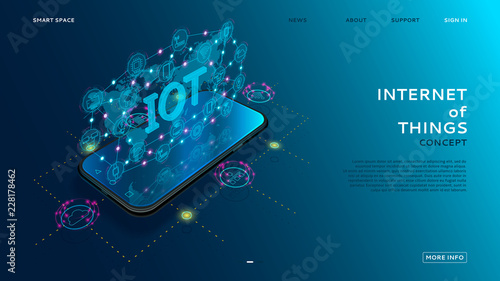 Internet of things technology concept. Smart app shows global Internet of Things on the screen. Vector illustration with wireless connections with icons of smart electronics.