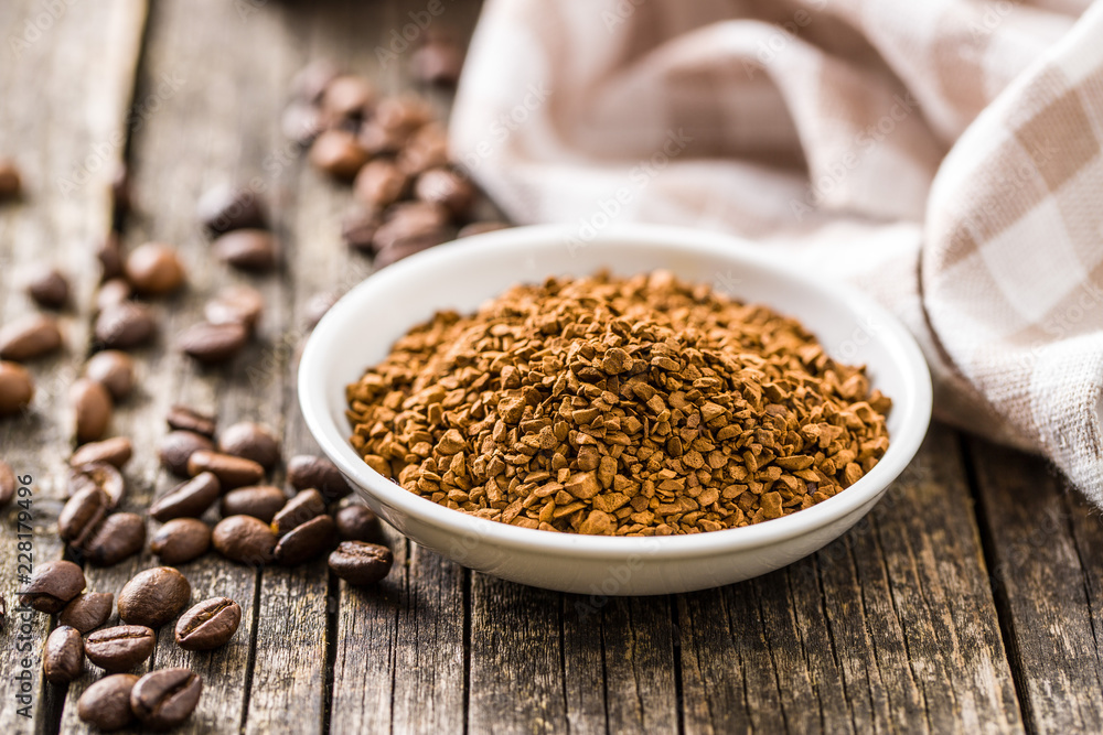 The instant coffee and coffee beans. The instant coffee and coffee beans.