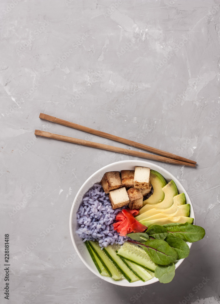 Healthy Organic Tofu and purple Rice Buddha Bowl with Veggies Healthy Organic Tofu and purple Rice Buddha Bowl with Veggies