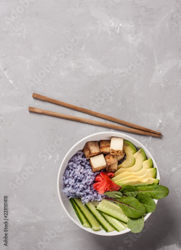 Healthy Organic Tofu and purple Rice Buddha Bowl with Veggies