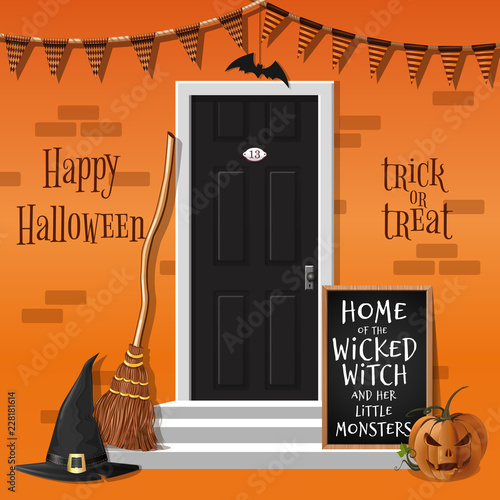 Cute girl in a witch suit near a house decorated to Halloween. Cute witch congratulates with Halloween. Vector illustration