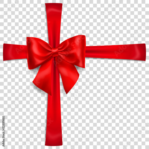 Beautiful red bow with crosswise ribbons with shadow on transparent background