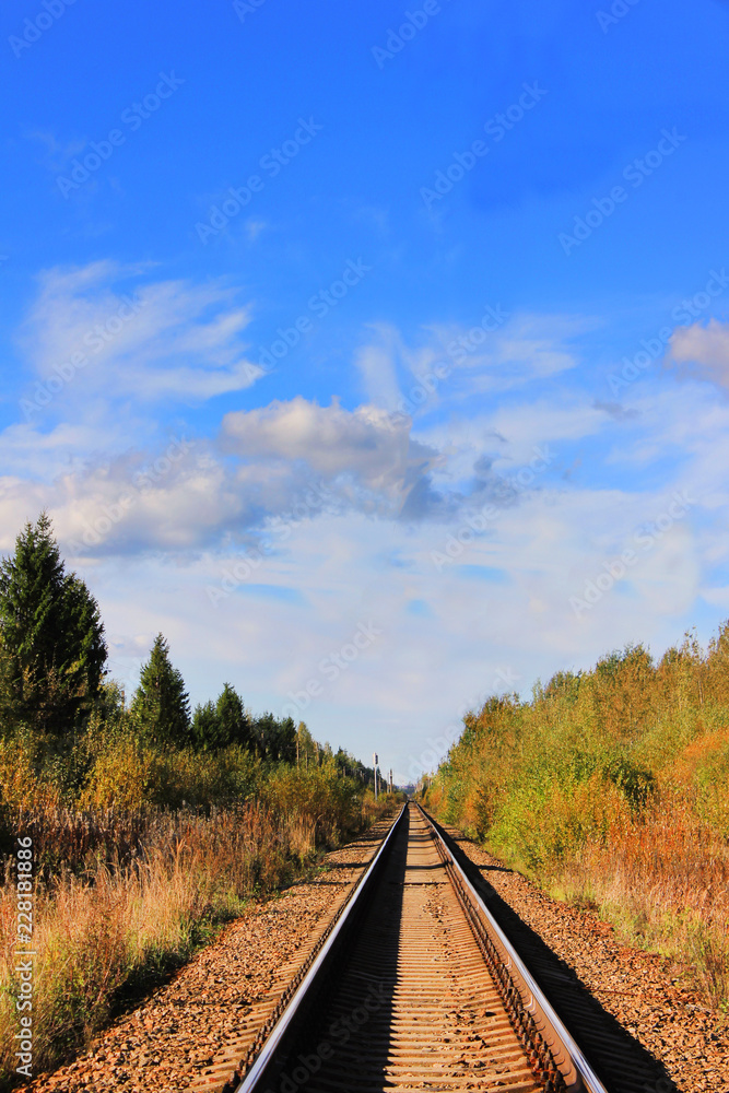 Railroad Tracks on Scenic Autumn Landscape with Empty Blue Sky Background. Panoramic Railway Perspective on Rural Nature at Fall Season. Railroad Tracks on Scenic Autumn Landscape with Empty Blue Sky Background. Panoramic Railway Perspective on Rural Nature at Fall Season.