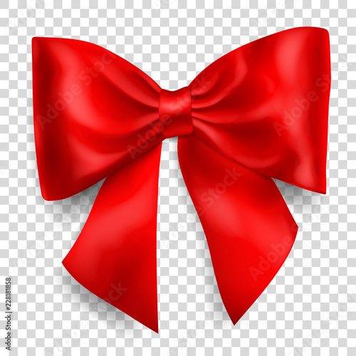 Beautiful big bow made of red ribbon with shadow on transparent background