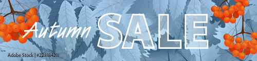 Autumn sale design. Fall discount banner with maple leaves and branch of rowan. Can be used in business for advertising. Vector illustration.