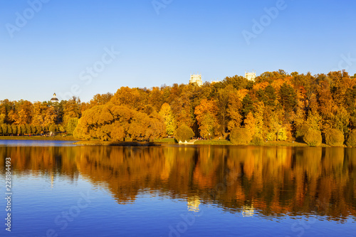Upper Tsaritsyn pond with island (Bird island) in autumn at sunset, Moscow, Russia.