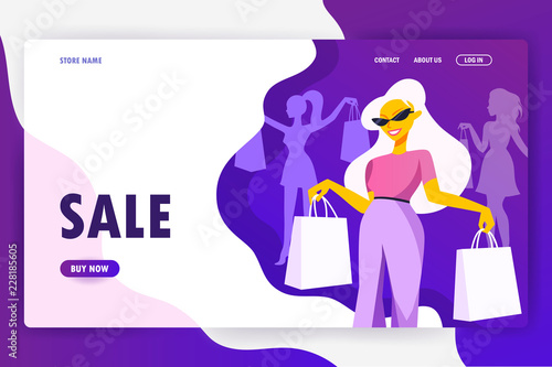 Landing page. web banner. beautiful girl. shopping vector cartoon illustration. advertising template. 