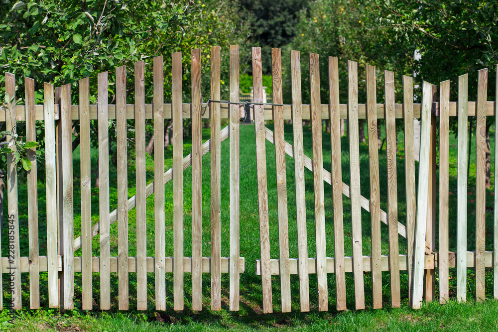 closed gates through a wooden fence in an apple garden closed gates through a wooden fence in an apple garden