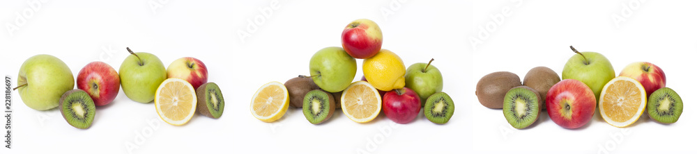 Naklejka Fruits in a composition on a white background. Lemon with apples and kiwi on white background. Fruits with carrots on a white background.